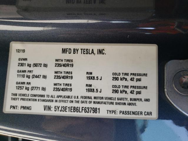 5YJ3E1EB6LF637981 - 2020 TESLA MODEL 3 灰色 照片 12