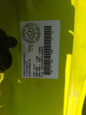 2HGFC4A81KH400291 - 2019 HONDA CIVIC SPORT 黄色 照片 12