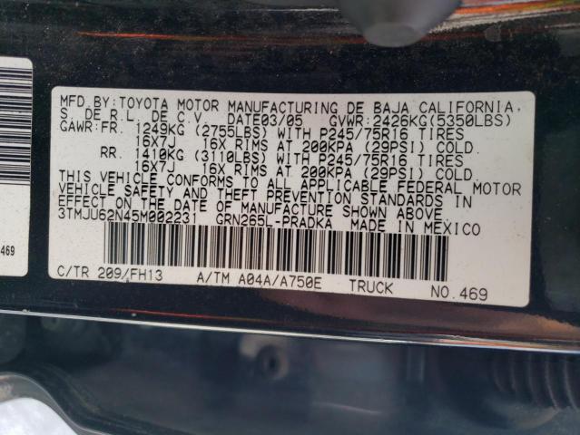 3TMJU62N45M002231 - 2005 TOYOTA TACOMA DOUBLE CAB PRERUNNER BLACK photo 12