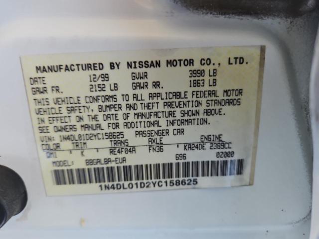 1N4DL01D2YC158625 - 2000 NISSAN ALTIMA XE WHITE photo 10