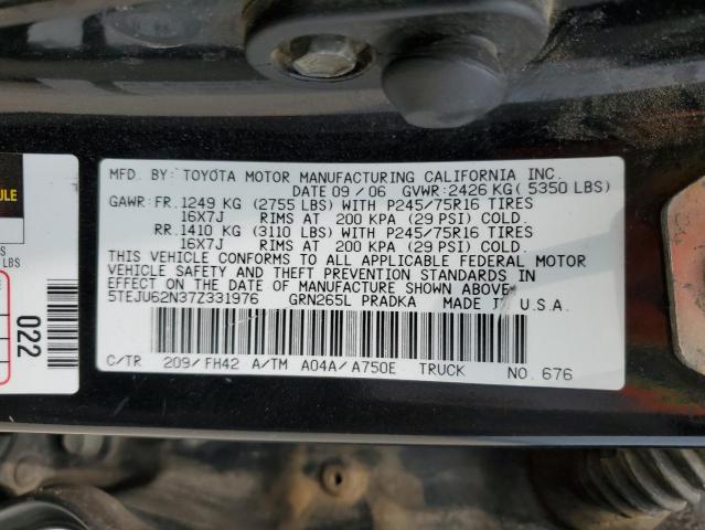 5TEJU62N37Z331976 - 2007 TOYOTA TACOMA DOUBLE CAB PRERUNNER BLACK photo 12