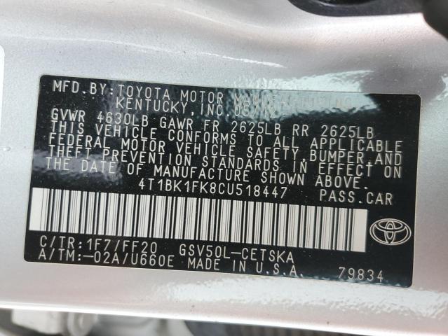 4T1BK1FK8CU518447 - 2012 TOYOTA CAMRY SE SILVER photo 12