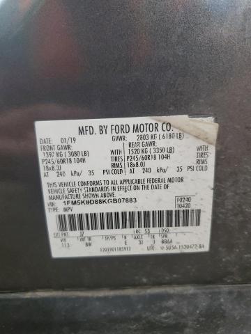 1FM5K8D88KGB07883 - 2019 FORD EXPLORER XLT ნაცრისფერი ფოტო 13