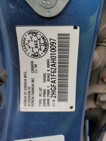 2HGFA1F62AH010097 - 2010 HONDA CIVIC LX-S ლურჯი ფოტო 12