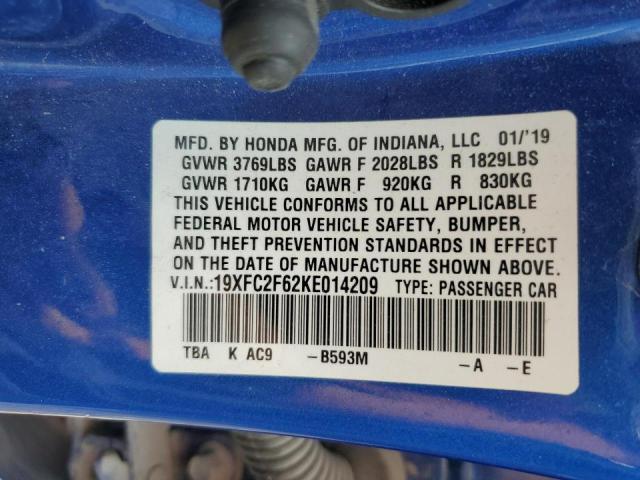 19XFC2F62KE014209 - 2019 HONDA CIVIC LX BLUE photo 12