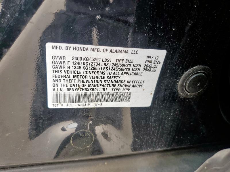 5FNYF7H5XKB011151 - 2019 HONDA PASSPORT EXL أسود صورة 14