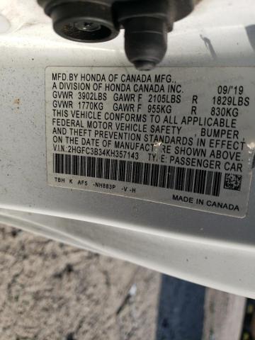 2HGFC3B34KH357143 - 2019 HONDA CIVIC EX Beyaz fotoğraf 12