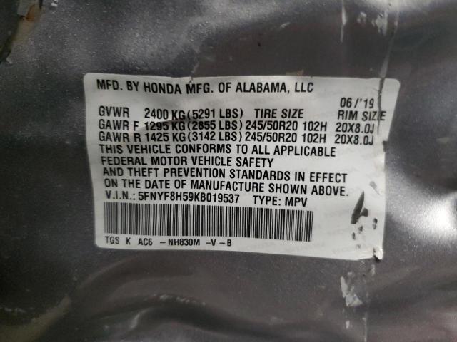 5FNYF8H59KB019537 - 2019 HONDA PASSPORT EXL GRAY photo 14