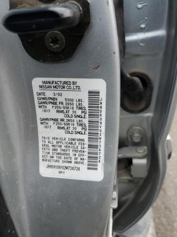 JN8DR09Y02W734724 - 2002 NISSAN PATHFINDER LE SILVER photo 12