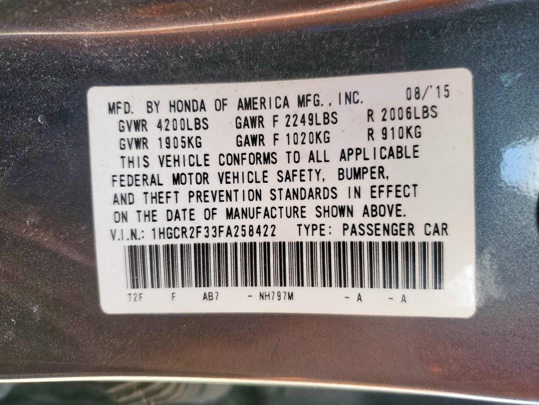 1HGCR2F33FA258422 - 2015 HONDA ACCORD LX ვერცხლისფერი ფოტო 12