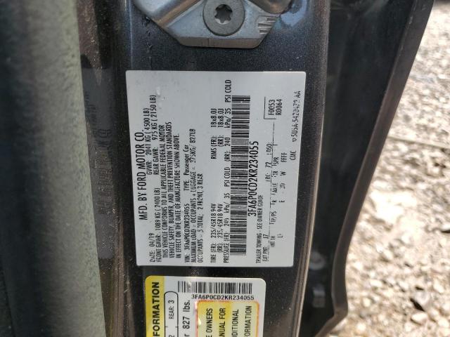 3FA6P0CD2KR234055 - 2019 FORD FUSION SEL GRAY photo 13