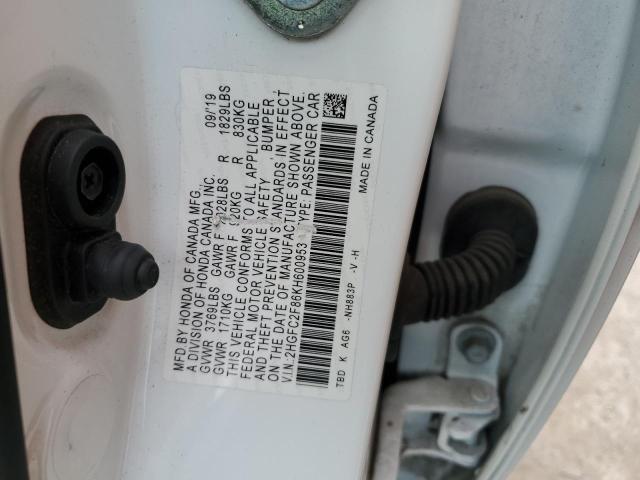 2HGFC2F86KH600953 - 2019 HONDA CIVIC SPORT 白色 照片 12