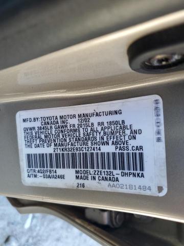 2T1KR32E93C127414 - 2003 TOYOTA COROLLA MA XR BEIGE photo 12