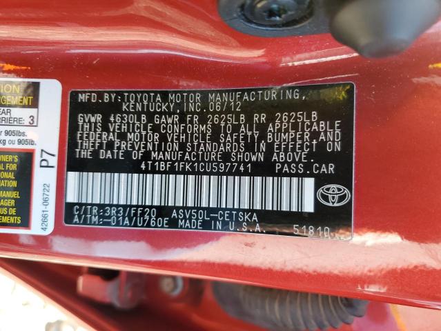 4T1BF1FK1CU597741 - 2012 TOYOTA CAMRY BASE RED photo 12