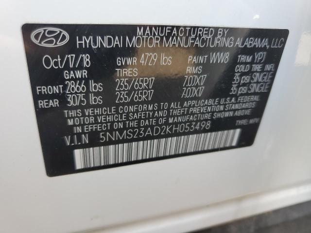 5NMS23AD2KH053498 - 2019 HYUNDAI SANTA FE SE WHITE photo 13