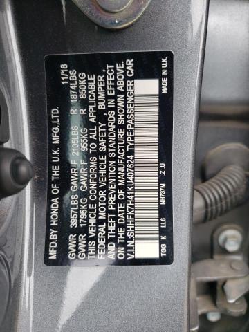 SHHFK7H41KU407624 - 2019 HONDA CIVIC SPORT 灰色 照片 12