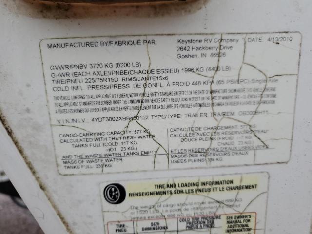 4YDT3002XBB450152 - 2011 KEYSTONE OUTBACK WHITE photo 10