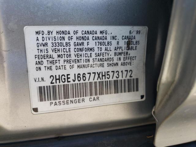 2HGEJ6677XH573172 - 1999 HONDA CIVIC LX SILVER photo 10