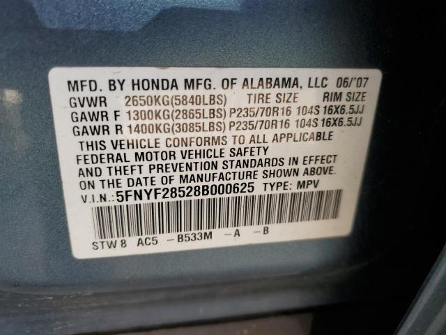 5FNYF28528B000625 - 2008 HONDA PILOT EXL BLUE photo 13