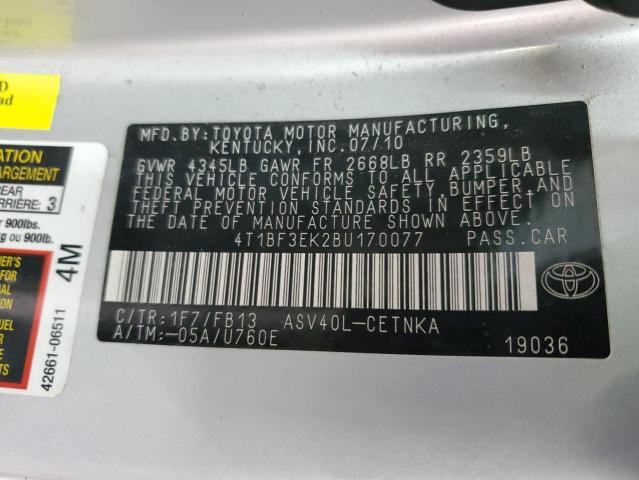 4T1BF3EK2BU170077 - 2011 TOYOTA CAMRY BASE SILVER photo 12