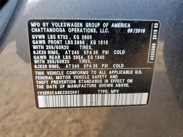 1V2ER2CA8KC502041 - 2019 VOLKSWAGEN ATLAS SEL SILVER photo 13
