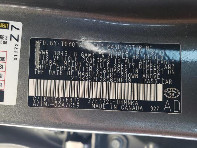 2T1KR32E28C699819 - 2008 TOYOTA COROLLA MA XR GRAY photo 12