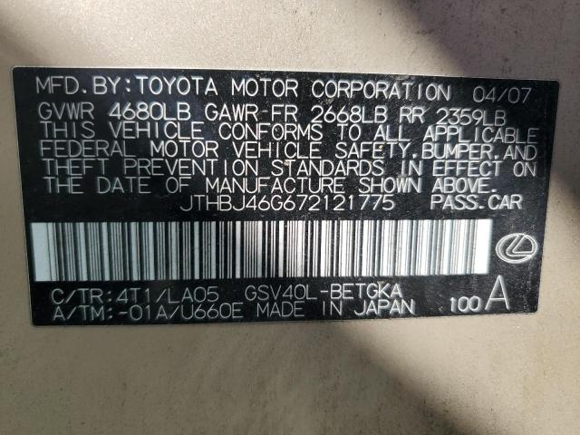 JTHBJ46G672121775 - 2007 LEXUS ES 350 GOLD photo 13