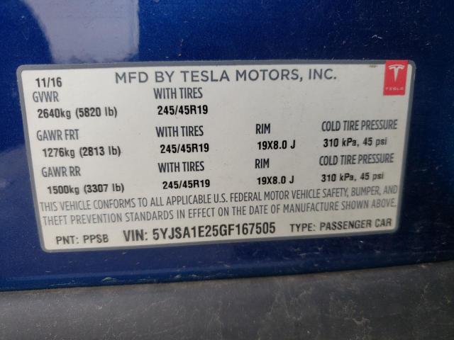 5YJSA1E25GF167505 - 2016 TESLA MODEL S Կապույտ լուսանկար 12