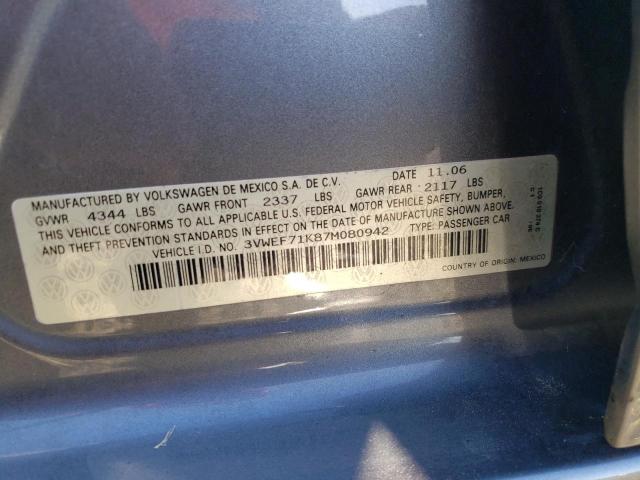 3VWEF71K87M080942 - 2007 VOLKSWAGEN JETTA WOLFSBURG 灰色 照片 12