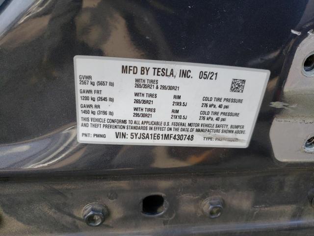 5YJSA1E61MF430748 - 2021 TESLA MODEL S Մոխրագույն լուսանկար 13