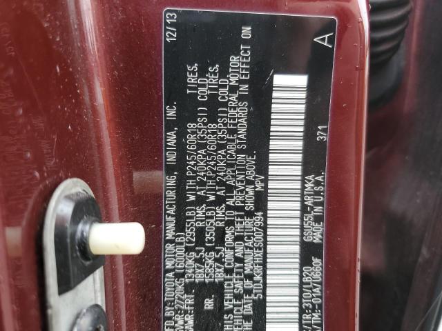 5TDJKRFHXES007994 - 2014 TOYOTA HIGHLANDER XLE MAROON photo 13