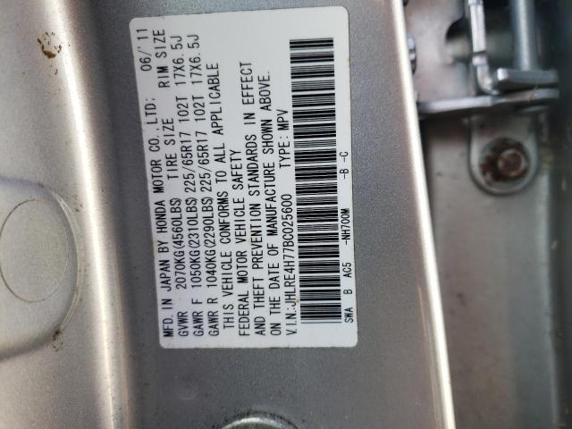 JHLRE4H77BC025600 - 2011 HONDA CR-V EXL SILVER photo 10