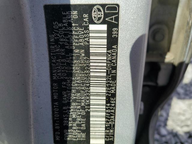 2T1KR32E46C582367 - 2006 TOYOTA COROLLA MA XR SILVER photo 12