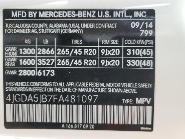 4JGDA5JB7FA481097 - 2015 MERCEDES-BENZ ML 350 WHITE photo 13