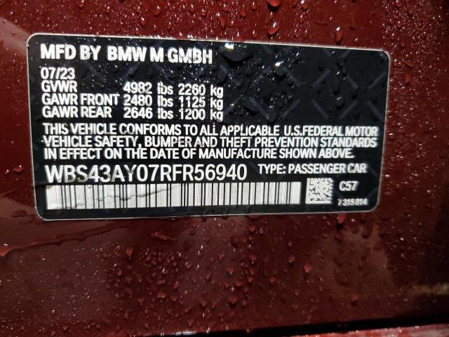 WBS43AY07RFR56940 - 2024 BMW M3 COMPETITION MAROON photo 12