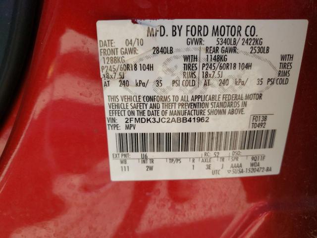 2FMDK3JC2ABB41962 - 2010 FORD EDGE SEL RED photo 13