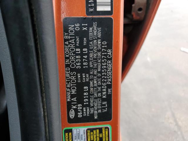 KNADE223596571710 - 2009 KIA RIO BASE ORANGE photo 12