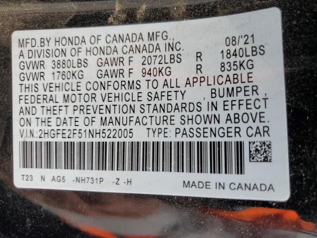 2HGFE2F51NH522005 - 2022 HONDA CIVIC SPORT 黑色 照片 12