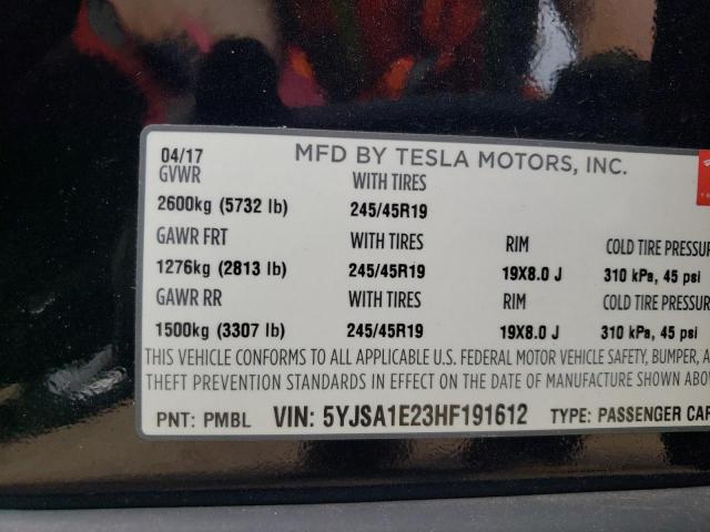 5YJSA1E23HF191612 - 2017 TESLA MODEL S 黑色 照片 12