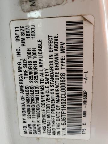 5J6TF1H52CL000628 - 2012 HONDA CROSSTOUR EXL თეთრი ფოტო 12