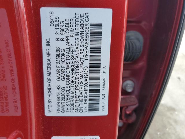 1HGCV1F90JA194343 - 2018 HONDA ACCORD TOURING RED photo 13