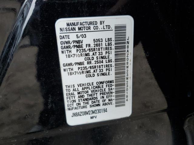 JN8AZ08W23W230194 - 2003 NISSAN MURANO SL BLACK photo 13