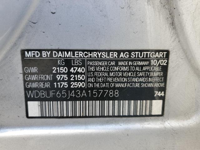 WDBUF65J43A157788 - 2003 MERCEDES-BENZ E 320 SILVER photo 12