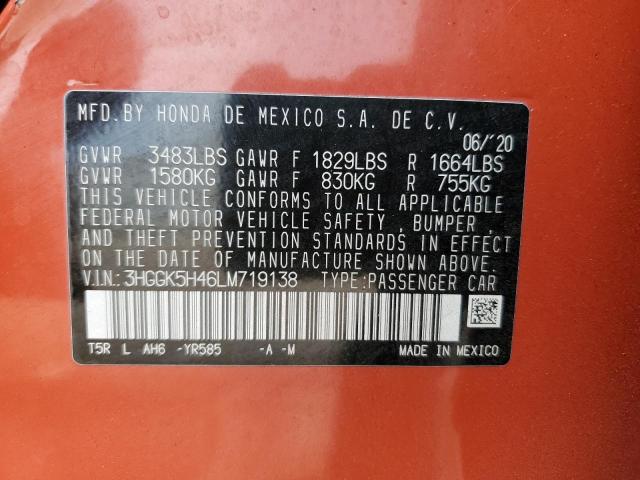 3HGGK5H46LM719138 - 2020 HONDA FIT LX ORANGE photo 12