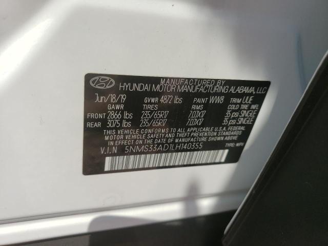 5NMS33AD1LH140355 - 2020 HYUNDAI SANTA FE SEL WHITE photo 12