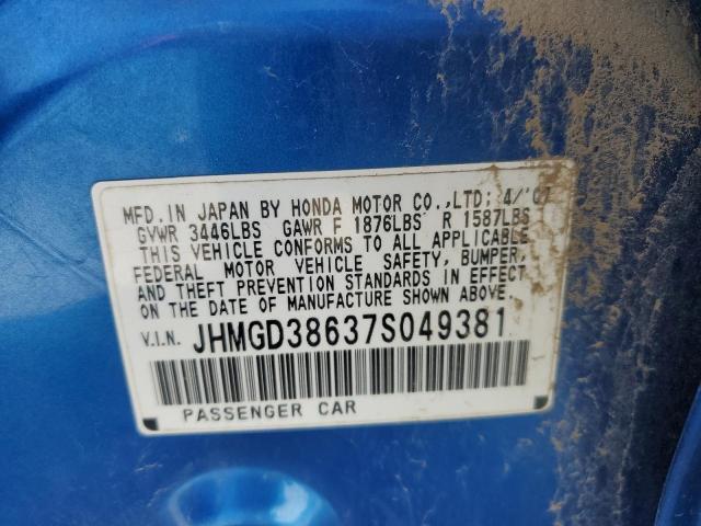 JHMGD38637S049381 - 2007 HONDA FIT S 蓝色 照片 12