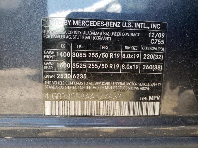 4JGBB8GB9AA577433 - 2010 MERCEDES-BENZ ML 350 4MATIC GRAY photo 12