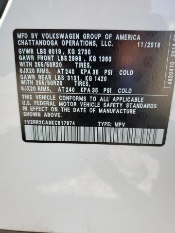 1V2RR2CA0KC517974 - 2019 VOLKSWAGEN ATLAS SEL WHITE photo 10