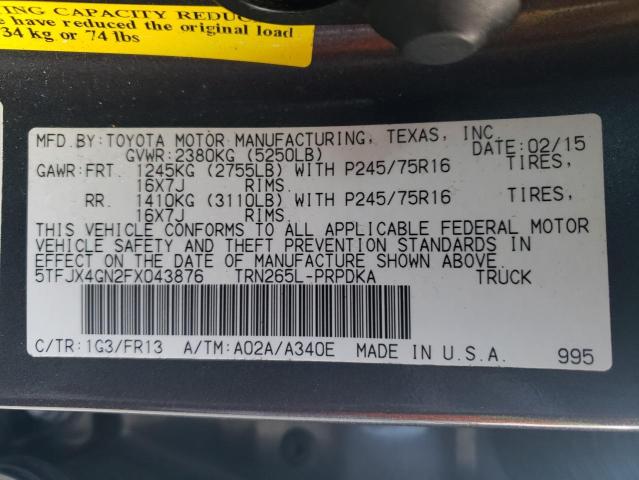 5TFJX4GN2FX043876 - 2015 TOYOTA TACOMA DOUBLE CAB PRERUNNER CHARCOAL photo 12