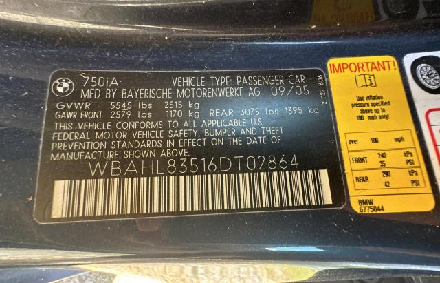 WBAHL83516DT02864 - 2006 BMW 750 I BLUE photo 10